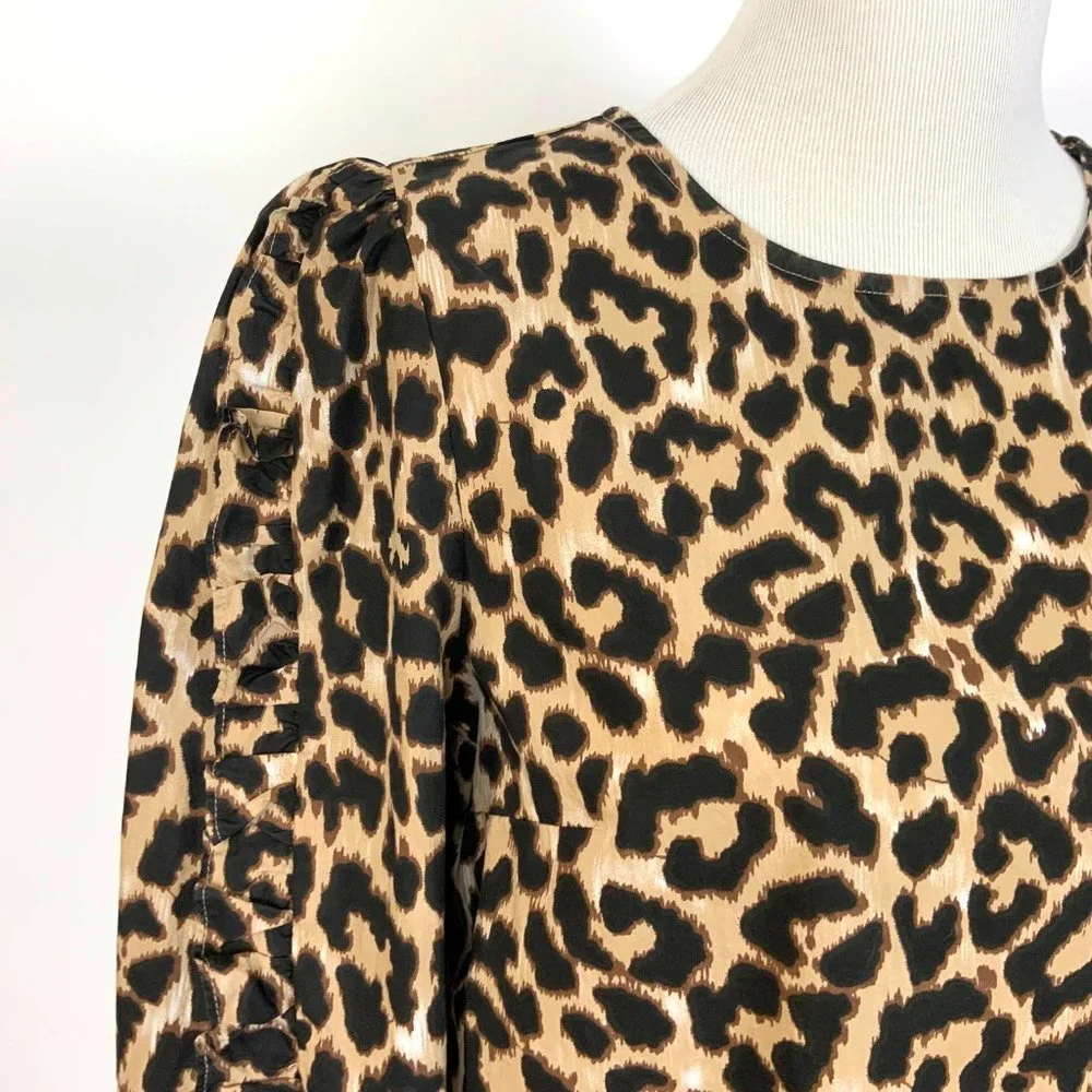 J. Crew Cotton Leopard Print Long Ruffle Trim Sleeves Blouse Sz S
